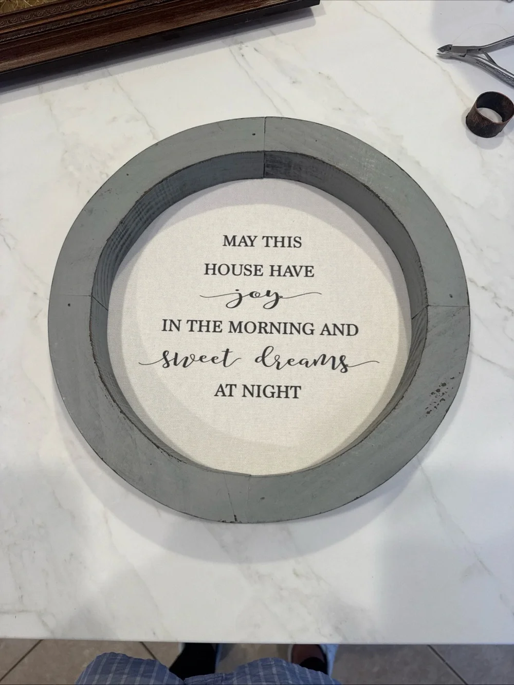 Gray Round Wooden Wall Sign with 'May This House Have Joy' Quote